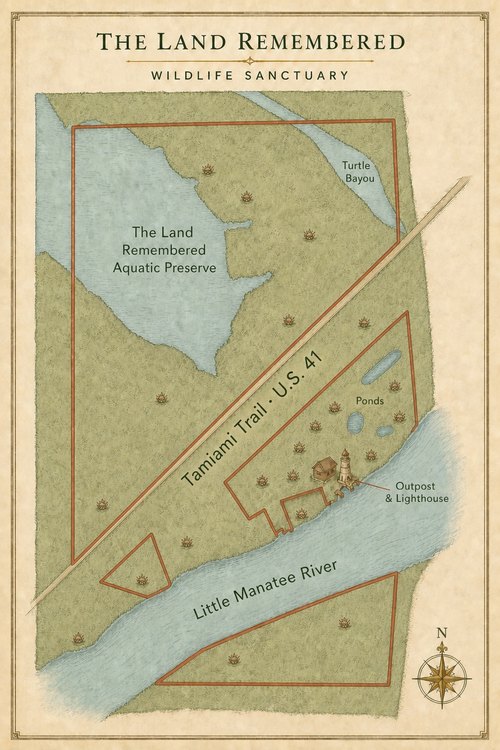 Illustrated map of The Land Remembered Wildlife Sanctuary with its parcels outlined in red: the hammock uplands and the aquatic preserve above the Tamiami Trail (US 41), Turtle Bayou, the ponds, the outpost and lighthouse on the Little Manatee River, and the parcel across the river